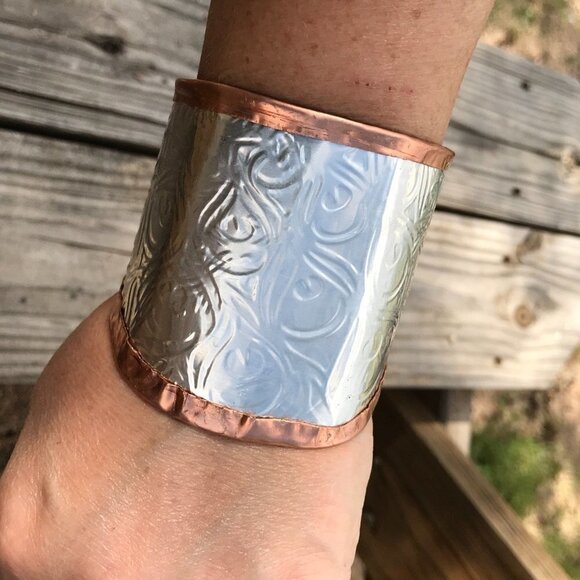 Peacock Embossed Sterling Silver 925 Copper Cuff Wide Rustic Handmade Gladiator - Picture 3 of 8